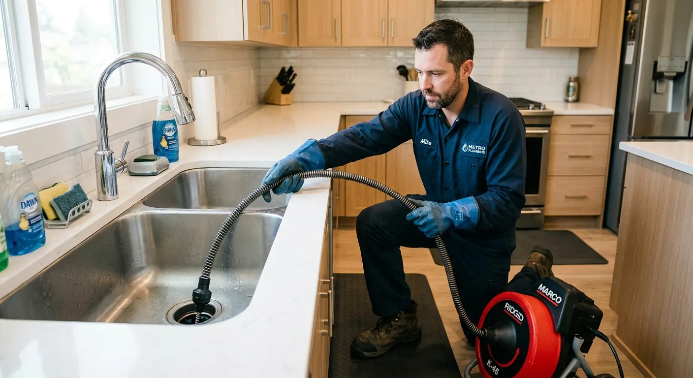 Drain cleaning technician using a motorized snake on a kitchen sink in Happy Valley