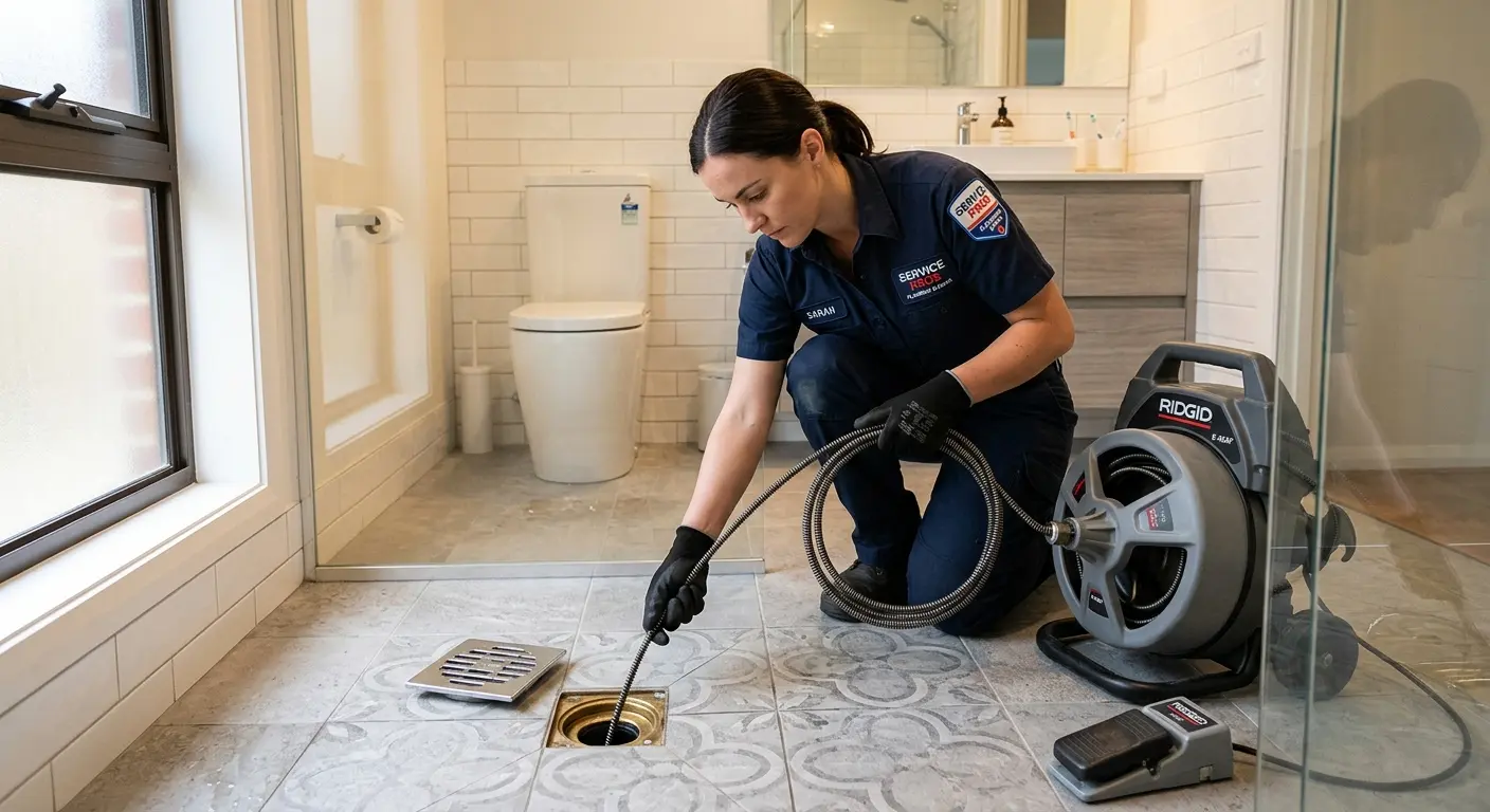 Technician clearing a bathroom floor drain for Sewer Line Replacement in Happy Valley